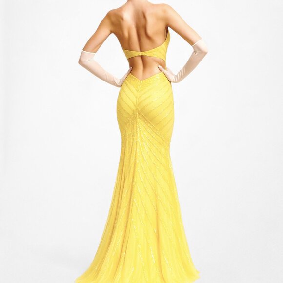 Vintage Y2K Yellow Halter Beaded Sequin Mesh Bodycon Maxi Prom Dress Size XS/S - Picture 3 of 14